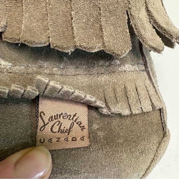 Laurentian Chief Apache Narrow Fringe Beaded Moccasin Grey Suede Made In Canada - Picture 5 of 9